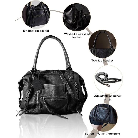 Elegant Vegan Leather Large Tote Bag with Zipper & Adjustable Strap - 16''x6.5'' - Picture 5 of 6